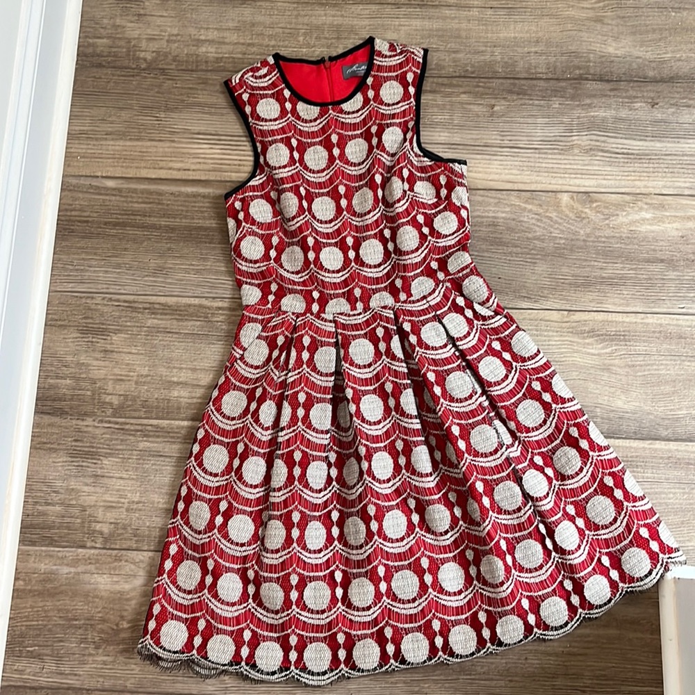 Red Pleated Knee Length Dress with Beige Thread and Circle Details